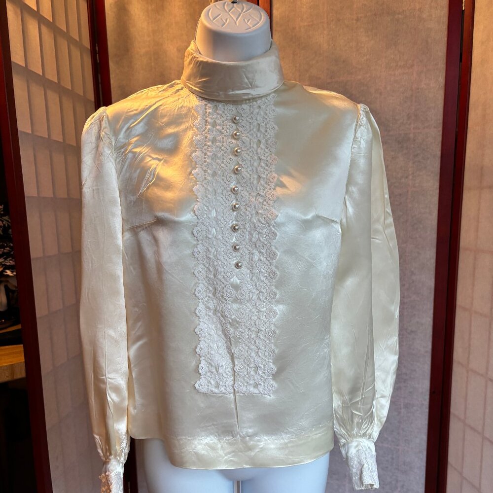 Hand Made Satin High Neck Blouse with Lace Trim and Pearl buttons